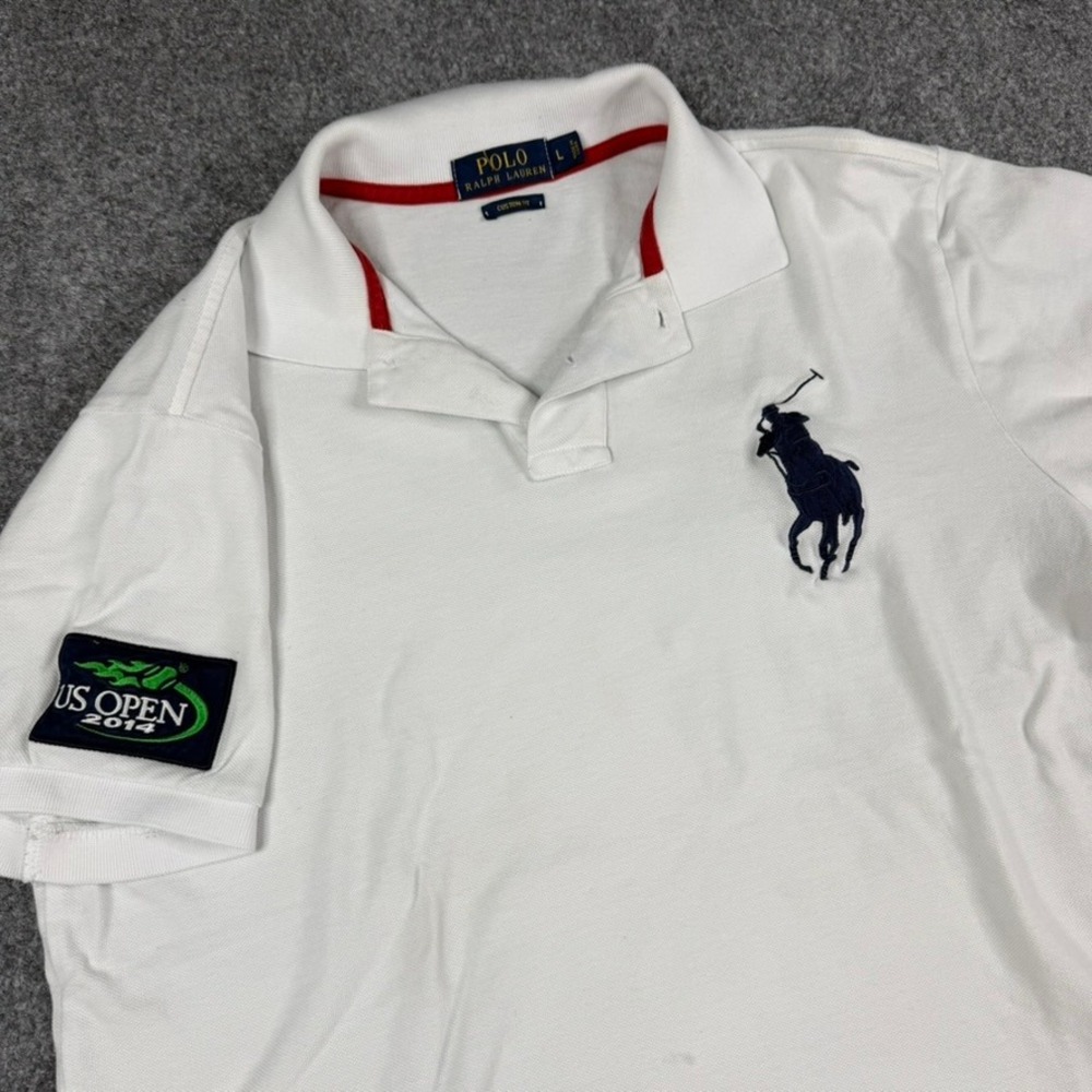 Polo Ralph Lauren Polo Shirt Mens Large White US Open 2014 Big Pony Custom Stain